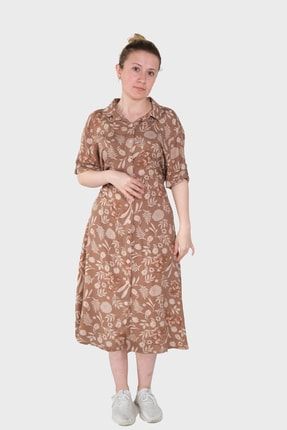 Kadın Açık Kahverengi Desenli Gömlek Yaka Viskon Elbise 3010