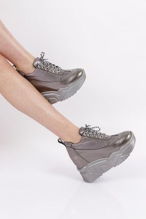 Altın - 1042-22y Kadın Kalın Taban Silver Taşlı Sneakers Ayakkabı 1042-2025