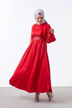 Kemerli Beli Lastikli Saten Elbise Kırmızı 962