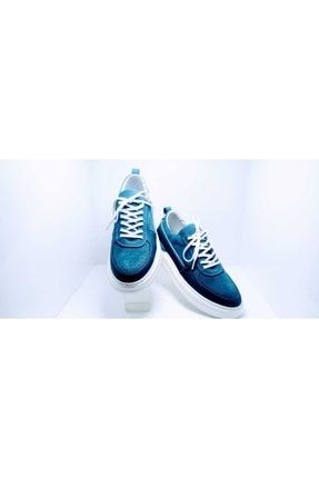Erkek Mavi Renk Yüksek Beyaz Taban Günlük Spor Klasik Deri Ayakkabı 234567-05