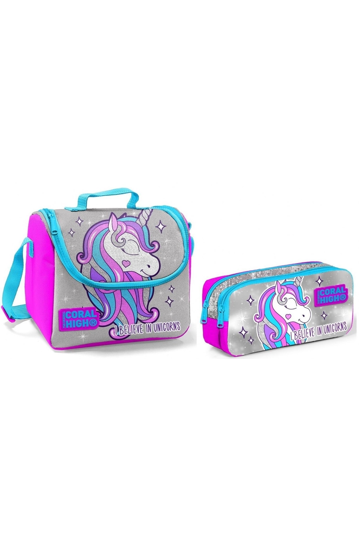 Coral High Lunch Bag and Pencil Case Set - Gray - Pink - Unicorn - Girl