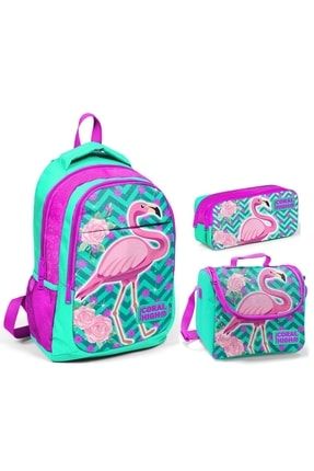 Coral High Yeşil Flamingo Kız Çocuk Ilkokul Çanta Seti - Sırt Çantası+beslenme+kalemlik PZM1078