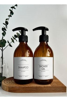 2'li Set 300ml Amber Kahverengi Cam Şişe Shampoo & Shower Gel Beyaz Etiketli goset10