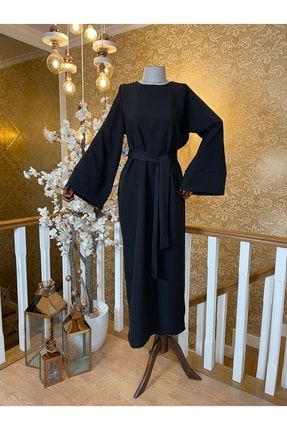 Ispanyol Kol Uzun Düz Siyah Elbise Elthi125