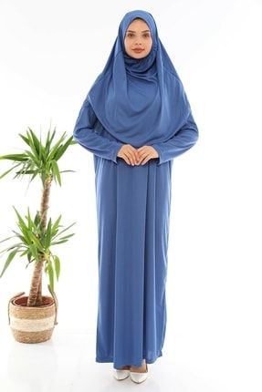 Kolay Giyilebilen Tek Parça Namaz Elbisesi Indigo Mavi 3253