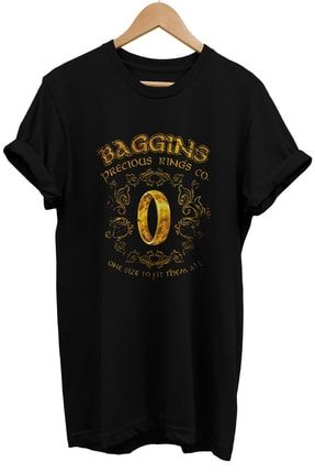 Lotr Yüzüklerin Efendisi Baggins Baskılı %100 Pamuk Oversize Siyah T-shirt rmz7615e