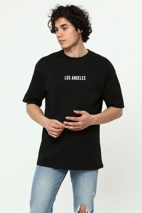 Los Angeles Baskılı Siyah Oversize T-shirt OVERLABLCK654
