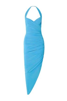 Mavi Boyundan Bağlamalı Asimetrik Uzun Drapeli Abiye Elbise WCOISJFIOWJEE3124