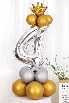 Rakam Balon Karşılama Seti 4 Yaş Parlak Gold Gümüş Renkler Altın Taçlı 4 Rakamlı Balon TRB00GG4
