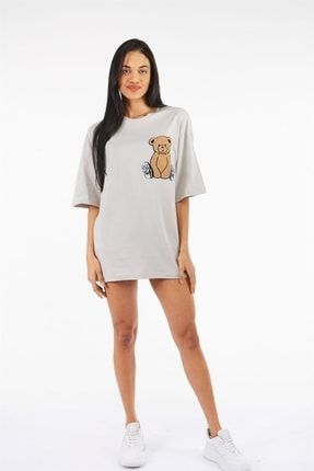 Unisex Gri Teddy Bear Ayıcık Işlemeli Oversize Unisex T-shirt 22SSU13000007