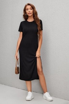 Kadın Siyah Uzun Yırtmaçlı Günlük Süprem Pamuklu Elbise 7013 301 YMETSK