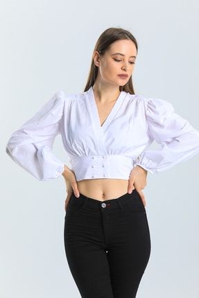 Kadın Bel Korsajlı Düğmeli Balon Kol Beyaz Crop Bluz 1014