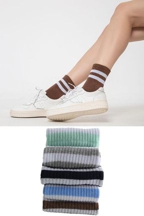 Renkli 5'li Paket Farklı Renklerde Pamuklu Beyaz Çizgili Unisex Kadın Erkek Çorap WN21UNDMCR01612