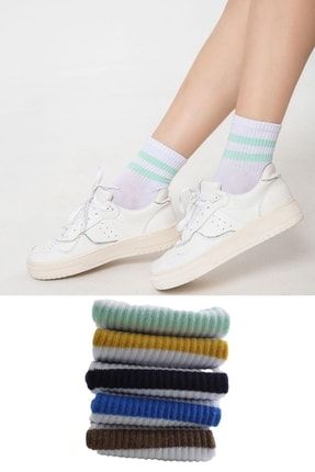 5'li Paket Farklı Renklerde Pamuklu Renkli Çizgili Unisex Kadın Erkek Beyaz Çorap WN21UNDMCR01613