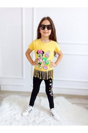 Kız Çocuk Minnie Püsküllü 2'li Tisört - Tayt Takımı Sarı NİSA1074