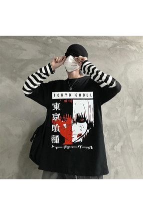 Anime Tokyo Ghoul Face Siyah Çizgili Kollu T-shirt LOT78745