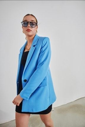 Kadın Mavi Atlas Kumaş Tek Düğme Detay Kruvaze Astarlı Blazer Ceket Tekdüğme