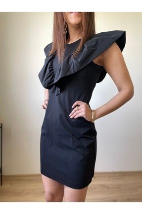 Siyah Yaka Volan Detalı Elbise Kadın ELBS10292
