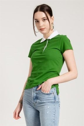Kısa Kollu Kontrast Polo Yaka Yeşil Kadın T-shirt TYC00356415433