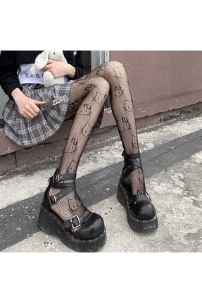 Lolita Cosplay Hello Kitty Desenli Siyah Ithal Külotlu Çorap VEGAROKS-ÇR5