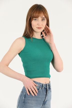 Kadın Yeşil Halter Yaka Fitilli Crop Bluz TD-HY00001