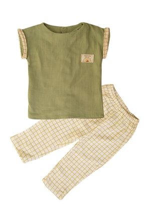 Haki Yeşil Ekru Gömlek Kareli Pantolon Erkek Bebek Müslin Yazlık Takım MB-01084