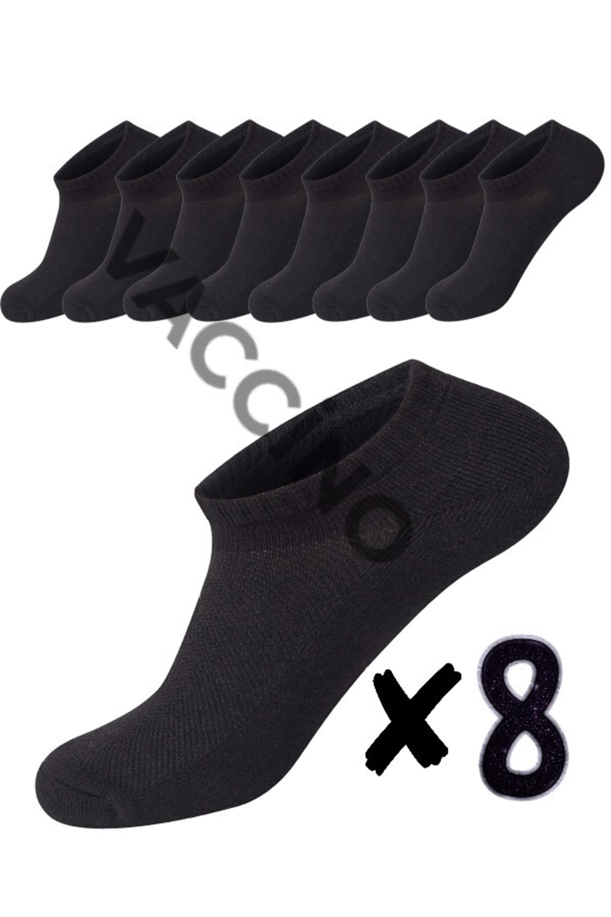 Vaccino Unısex Siyah Görünmez Pamuklu Rahat Sneakers Çorap 8 Çift