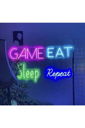 Neon Led Dekoratif Duvar Yazısı Tablo Game Eat Sleep Repeat 46x70cm TRNSYGMRPT1
