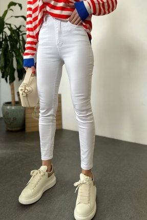 Kadın Beyaz Örme Likralı Iç Göstermez Skinny Blurey Jeans HU100