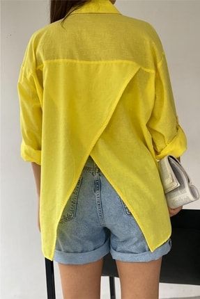 Kadın Sarı Sırtı Pencereli Ince Yazlık %100 Pamuk Gömlek 4125ptsk