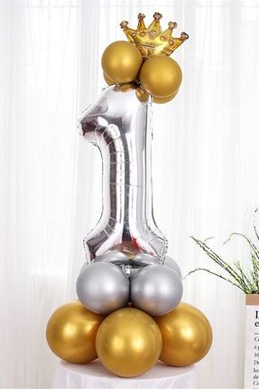 Rakam Balon Karşılama Seti 1 Yaş Parlak Gold Gümüş Renkler Altın Taçlı 1 Rakamlı Balon TRB00GG1