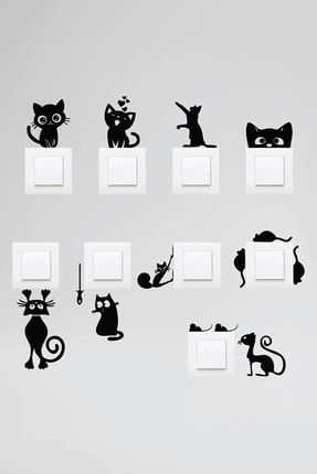 Sevimli Kediler Priz Sticker Set Siyah Etiket Duvar Sticker cats123