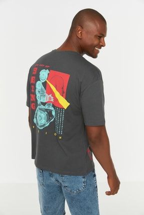 Antrasit Erkek Relaxed Fit Kısa Kollu Baskılı 100% Pamuklu T-Shirt TMNSS22TS0168