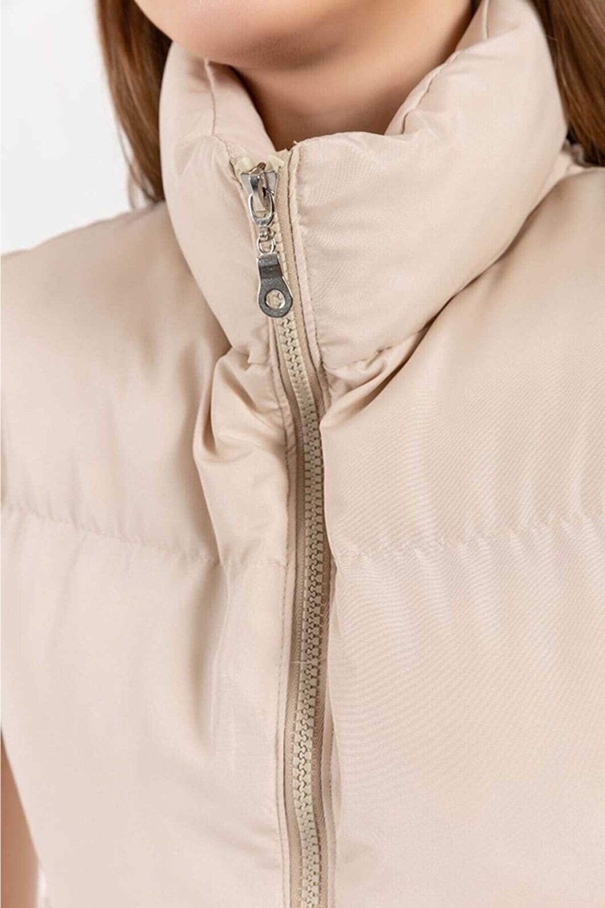 laughs-Vestă puf scurtă de culoare bej pentru femei Ylk0034 2