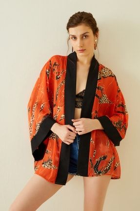 Turuncu Volan Kol Şifon Kimono Kısa İVKS0666