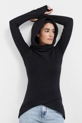 Kadın Siyah Çapraz Tasarım Kapüşonlu Sweatshirt 7061 10 TCSKPSWTK