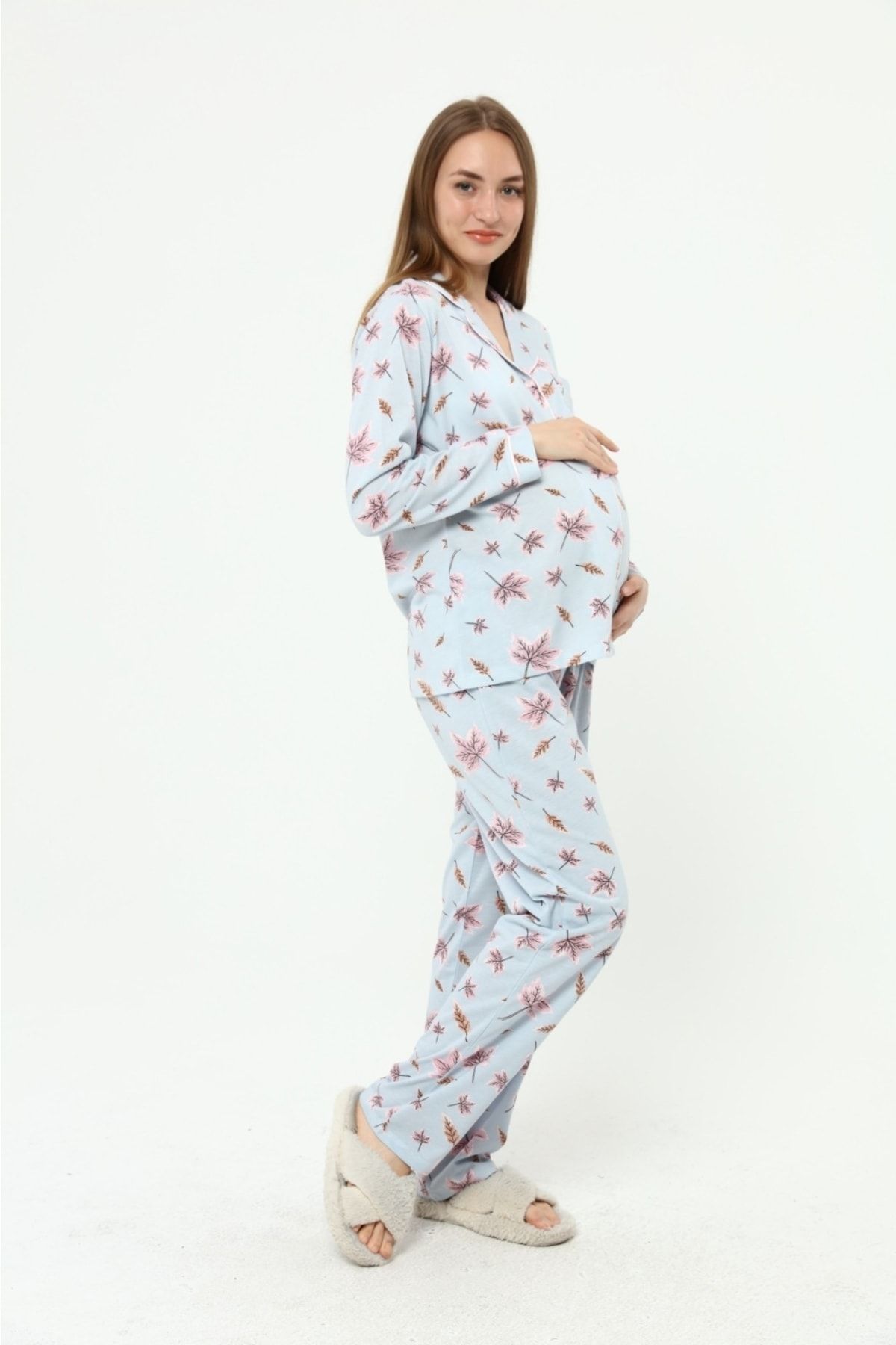 Nehir tekstil-Front Buttoned Plus Size Combed Cotton Maternity Pajama Set 4