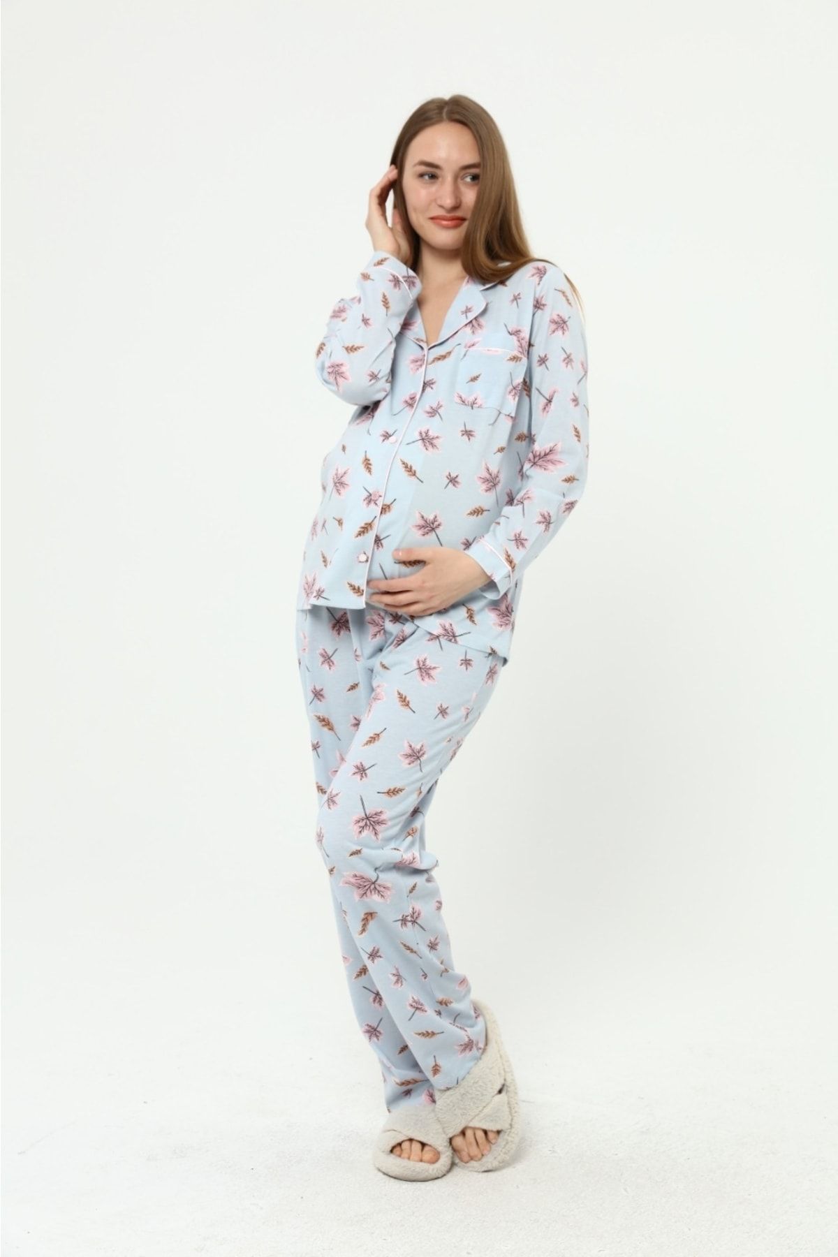 Nehir tekstil-Front Buttoned Plus Size Combed Cotton Maternity Pajama Set 8