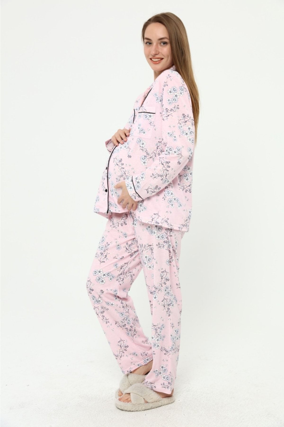 Nehir tekstil-Front Buttoned Plus Size Combed Cotton Maternity Pajama Set 2