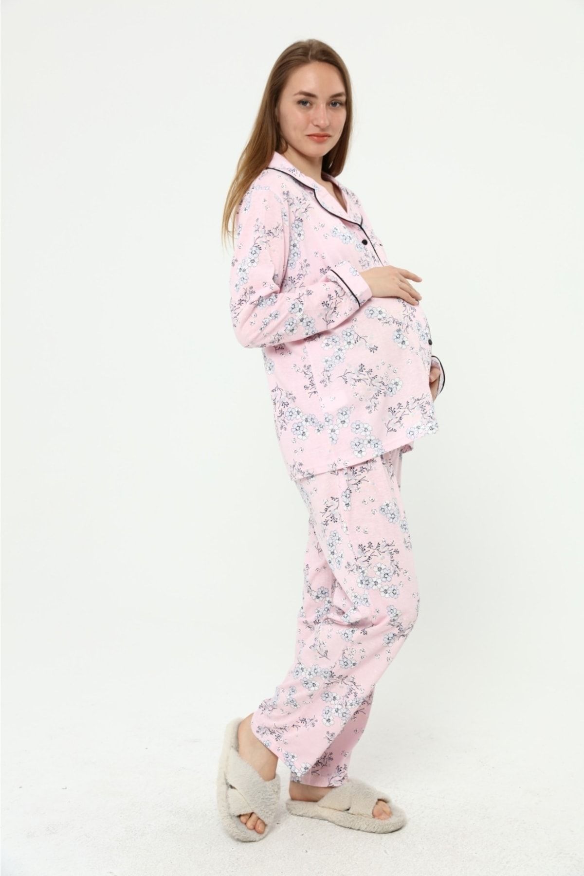 Nehir tekstil-Front Buttoned Plus Size Combed Cotton Maternity Pajama Set 5