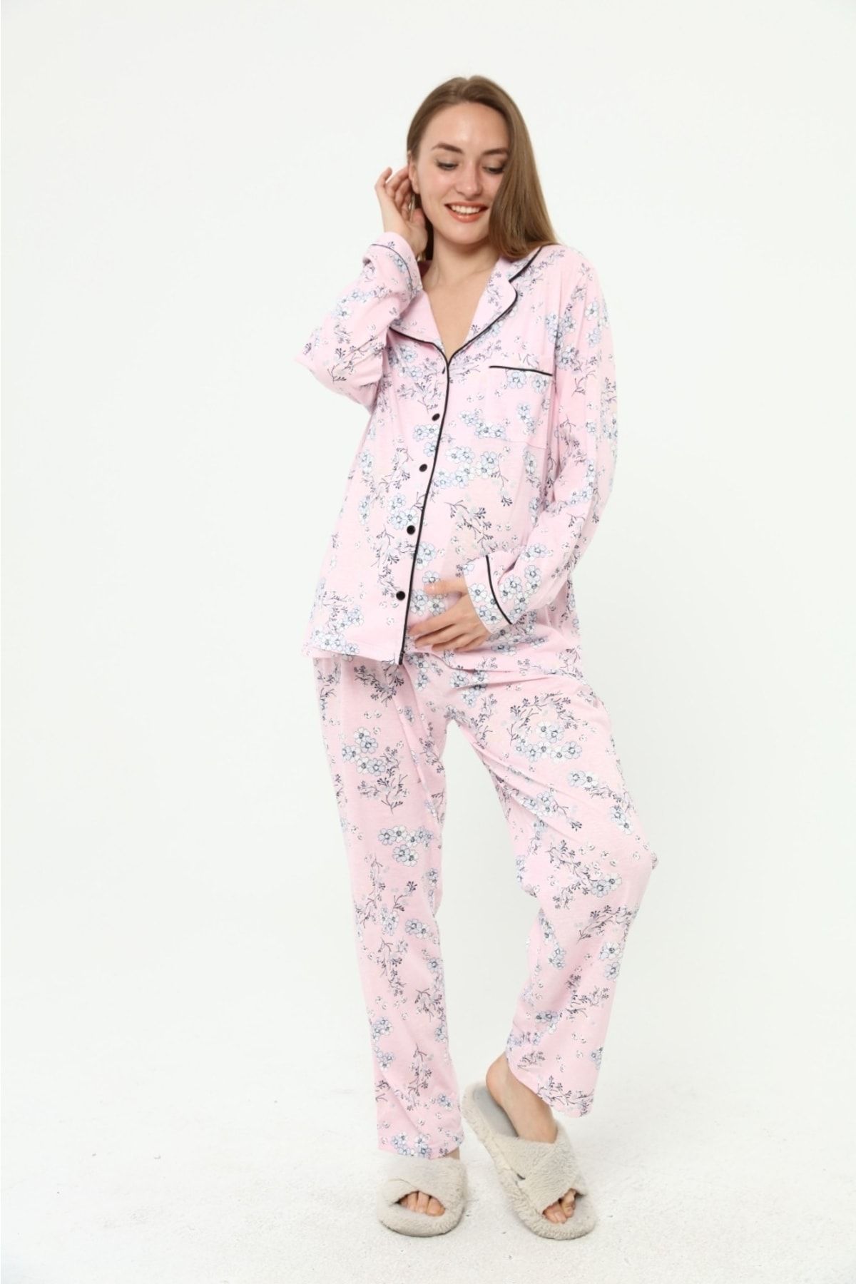 Nehir tekstil-Front Buttoned Plus Size Combed Cotton Maternity Pajama Set 7