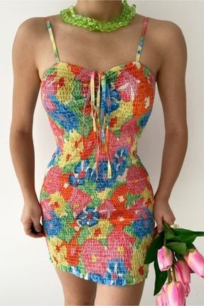 Çok Renkli İp Askılı Gipeli Elbise AFŞ-GCKRE
