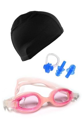 Silikon Çocuk Yüzücü Güzlüğü Ve Likra Yüzücü Bonesi Kulak Tıkacı Burun Klips Seti Full Set TSM-6980SL