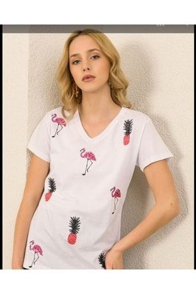 Flamingo Ve Ananas Nakışlı %100 Pamuk T-shirt gly2485