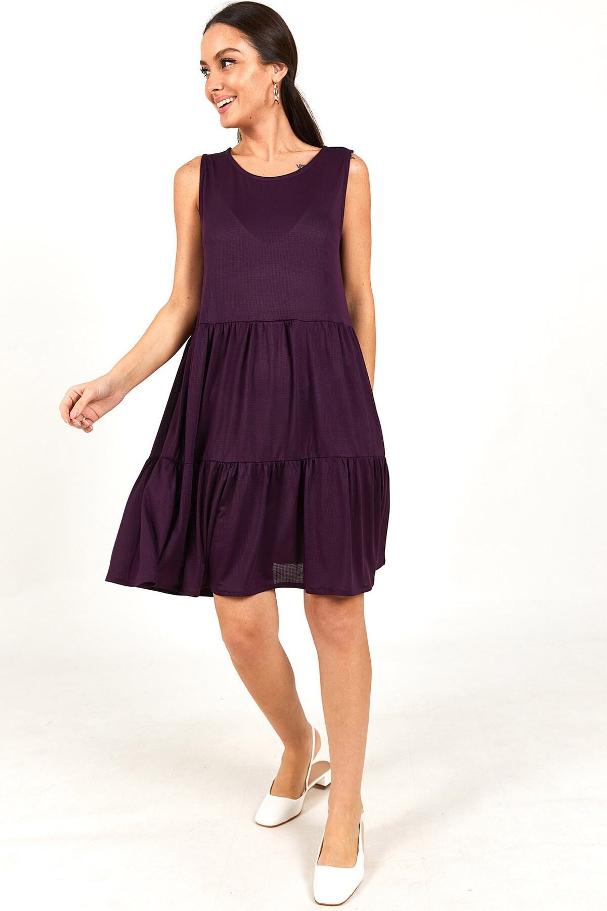 armonika-Pflaumenfarbenes Damenkleid mit Trägerrock und Rüschen, ARM-22Y001073 2