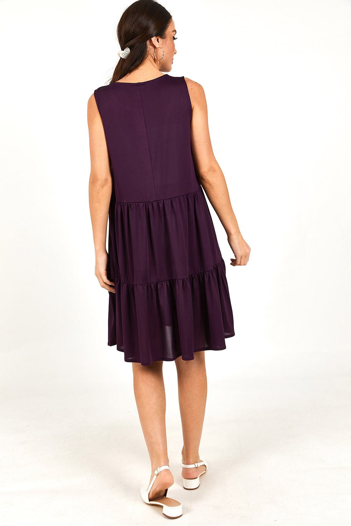 armonika-Pflaumenfarbenes Damenkleid mit Trägerrock und Rüschen, ARM-22Y001073 4