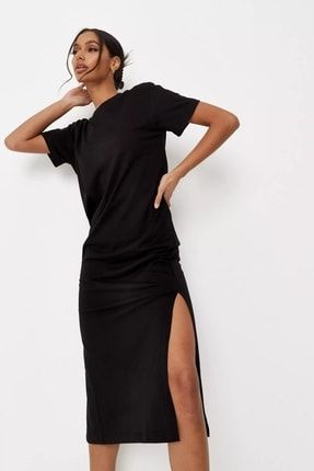 Kadın Siyah Uzun Derin Sol Bacak Yırtmaçlı Uzun Tişört Elbise 7092 301 YBSTELBISE