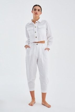 Sandal Gömlek Bol Kesim Cepli Yazlık Crop Kadın Gömlek Beyaz 12418001