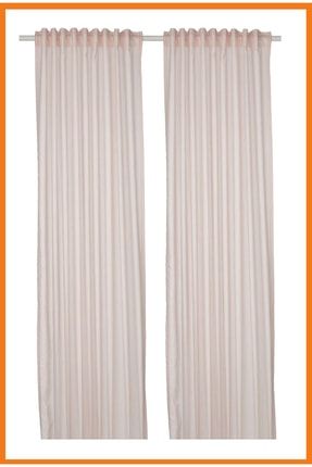 Fon Perde Çift Kanat Rustik Korniş 120 x 300 cm Beyaz Bej Çizgili ALONY-80509971-1