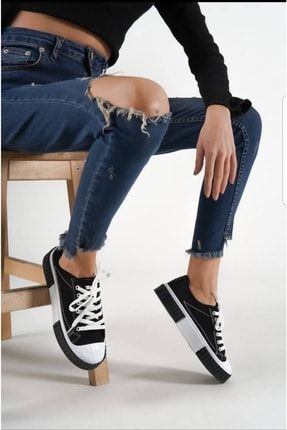 Siyah - Kadın Suni Deri Bağcıklı Sneaker Spor Ayakkabı k47
